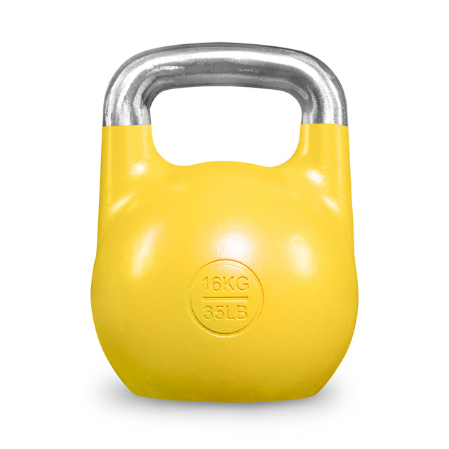 A yellow, colour-coded Bells of Steel Competition Kettlebell featuring a silver handle and clear “16KG” and “35LB” markings on the front—part of a premium range engineered with uniform dimensions for consistent training sessions.