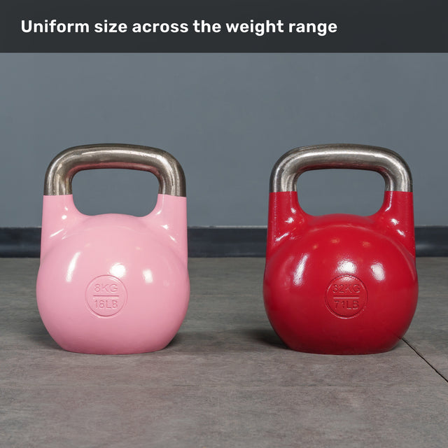 Two Bells of Steel Competition Kettlebells—one pink (8 kg/18 lb) and one red (32 kg/71 lb)—rest side by side on a gym floor. The text above says, “Uniform size across the weight range.” These kettlebells feature an identical size, adhering to the competition standard for consistent training.