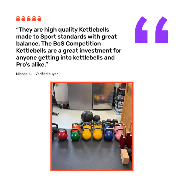 A testimonial features Bells of Steel Competition Kettlebells, accompanied by a photo displaying colorful, equally sized kettlebells neatly lined up on a gym floor amidst other equipment.
