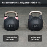 Two kettlebells with Bells of Steel Kettlebell Wraps rest on a gym floor, ensuring reliable surface protection. One is a “10” Competition Kettlebell, while the other is a “12” Adjustable Competition Kettlebell. Text above indicates that the Kettlebell Wrap fits both varieties.