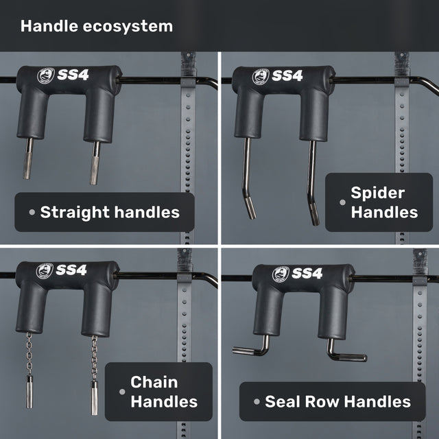 A chart compares four SS4 handle types—straight, spider, chain, and seal row—each shown on the Bells of Steel Safety Squat Bar, helping you easily customize your workout.