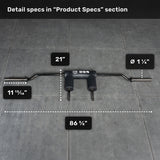 The Bells of Steel Safety Squat Bar - The SS4 sits on a tiled floor, featuring 21" between pads, an 11 13/16" handle height, an 86 5/8" overall length, and a 1 1/4" handle diameter—ready for your next leg day.