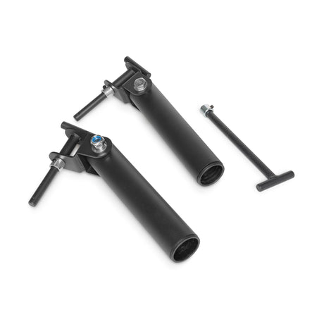 Two black tubular Bells of Steel Landmine Rack Attachments with mounting pins, positioned alongside a T-shaped metal handle for use with an olympic barbell during strength workouts.