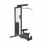 The Bells of Steel Lat Pulldown Low Row Machine is a black home gym unit with weight stack, pulleys, pull-down bar, padded seat, and leg support—ideal for versatile cable exercises and effective strength training.