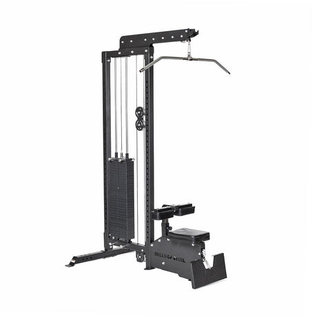 The Bells of Steel Lat Pulldown Low Row Machine is a black home gym unit with weight stack, pulleys, pull-down bar, padded seat, and leg support—ideal for versatile cable exercises and effective strength training.