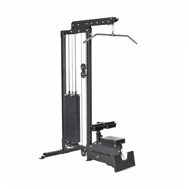 The Bells of Steel Lat Pulldown Low Row Machine is a black home gym unit with weight stack, pulleys, pull-down bar, padded seat, and leg support—ideal for versatile cable exercises and effective strength training.