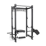 Introducing the Bells of Steel Manticore Four Post Power Rack - Prebuilt, specifically designed for home gyms. This versatile piece comes with modular components such as adjustable safety bars, a pull-up bar, and a weight bench. Its sturdy metal frame includes a leg curl attachment and features 1" holes for extensive customization, making it perfect for strength training exercises.