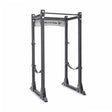 The Bells of Steel Manticore Flat Foot Power Rack (3" x 3", 1" holes) features adjustable holes and safety bars, ideal for weightlifting and home gyms; sleek black and silver design with branded top crossbar.