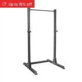 The Bells of Steel Manticore Squat Stand Builder (3" x 3", 1" holes) stands on a white background with a red "Up to 15% off" banner shown. Features multiple adjustment holes and pull-up bar—ideal for any home gym.
