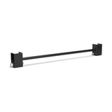 A Bells of Steel Adjustable Pull-up Bar Rack Attachment, featuring a sleek black metal design with mounting brackets on each end and holes for secure attachment, is set horizontally against a white background.