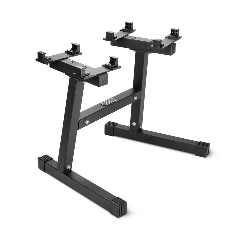 The Nuobell NÜOBELL Floor Stand is a compact black metal stand with two horizontal arms, rubberized feet, a sturdy frame, and adjustable brackets—ideal for space-saving storage of NÜOBELL Adjustable Dumbbells or similar equipment.