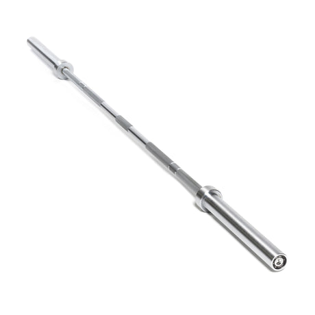 The Bells of Steel Olympic Weightlifting Barbell, featuring knurled grips and shown at an angle on a white background, delivers top value for both beginners and experienced lifters.