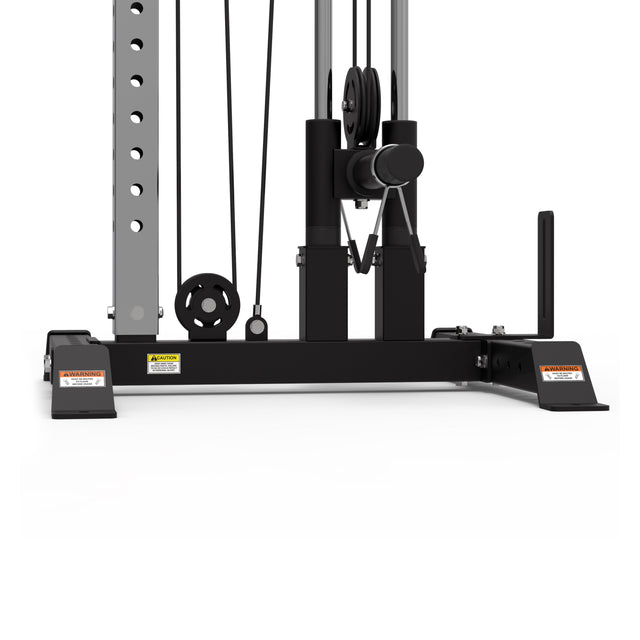 The Bells of Steel Cable Tower features an adjustable weight stack, pulleys, cables, safety warning labels, and a foot support platform, shown on a white background.