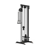 The Bells of Steel Cable Tower is a black and silver strength training machine with adjustable pulleys, weight stack, and handles—ideal for gym or home use.