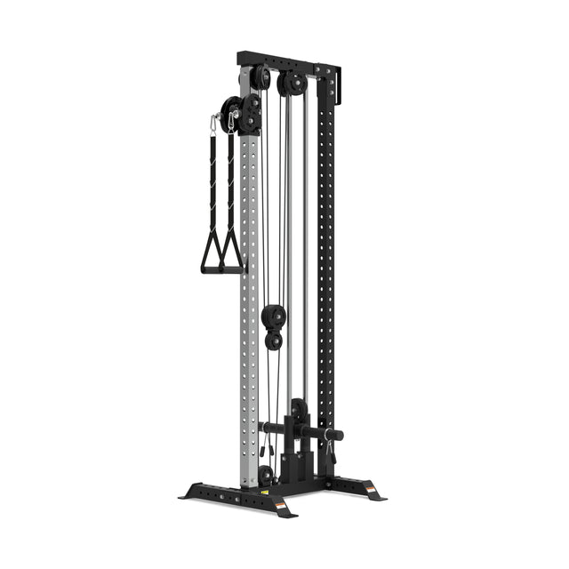 The Bells of Steel Cable Tower is a black and silver strength training machine with adjustable pulleys, weight stack, and handles—ideal for gym or home use.