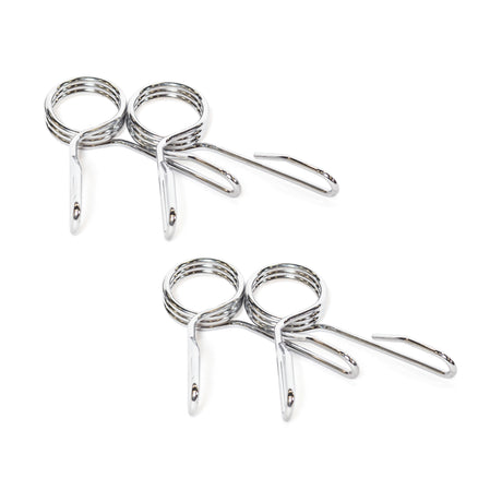 Two sets of Bells of Steel Spring Collars, each with coil springs and handles, rest on a white backdrop. Ideal for securing weight plates on Olympic barbell sleeves, these polished chrome clamps ensure a safe and focused workout.