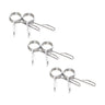 Three Bells of Steel Spring Collars, designed for Olympic barbell sleeves, are arranged in a triangle on a white background. Their polished chrome finish and dual circular clasps with metal handles ensure weight plates stay secure during workouts.