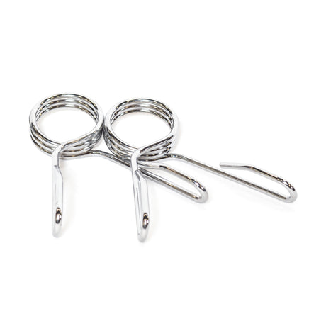 Two Bells of Steel Spring Collars, metal Olympic barbell collars for securing weights, are shown side by side on a white background.