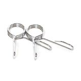 Two Bells of Steel Spring Collars featuring shiny metal coils and double handles, displayed against a white background. They are designed to secure weight plates on Olympic barbell sleeves.
