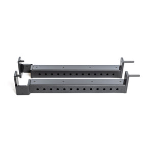 Two Bells of Steel Flip-Down Safeties, black metal adjustable brackets with multiple mounting holes, are shown parallel on a white background.