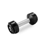 The NÜOBELL Replacement Handle by Nuobell is perfect for workouts, featuring a shiny silver handle and black plates. With visible adjustment buttons and markings, it's easy to switch weights. Ideal for fitness enthusiasts and set against a pristine white background, this versatile tool stands out.