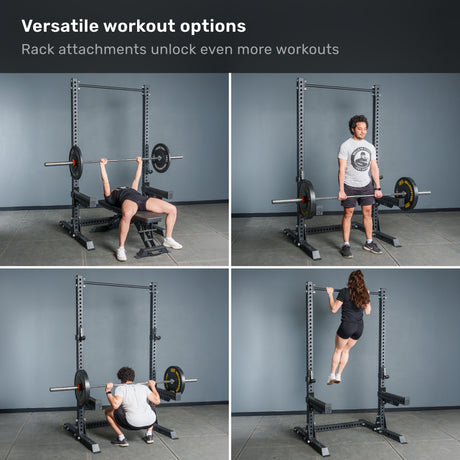 Four gym images, each featuring a person using the Bells of Steel Manticore Squat Stand Builder (3" x 3", 1" Holes) for exercises such as bench press, deadlift, squat, and pull-up. Text above reads: "Versatile workout options. Add rack attachments to unlock even more exercises—perfect for upgrading your home gym or pairing with your squat stand.
