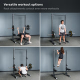 Four images display people using the Bells of Steel Manticore Squat Stand - Prebuilt (3" x 3", 1" Holes) for bench press, deadlift, squats, and pull-ups. Text at the top reads, “Versatile workout options. Rack attachments unlock even more workouts for your home gym.”.