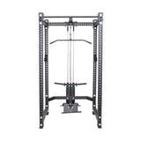 The Bells of Steel Lat Pulldown & Low Row Rack Attachment for Hydra & Manticore is a versatile home gym machine with a metal frame, pulleys, and attachments for weight training. It includes space for Olympic Weight Plates and has a central weight stack for various cable exercises.