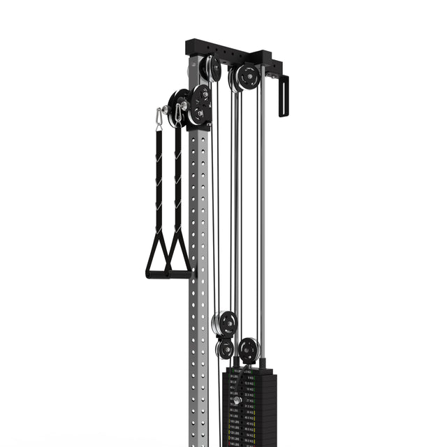 The Bells of Steel Cable Tower features multiple pulleys, a weight stack, and an adjustable handle for strength training, shown against a plain white background.