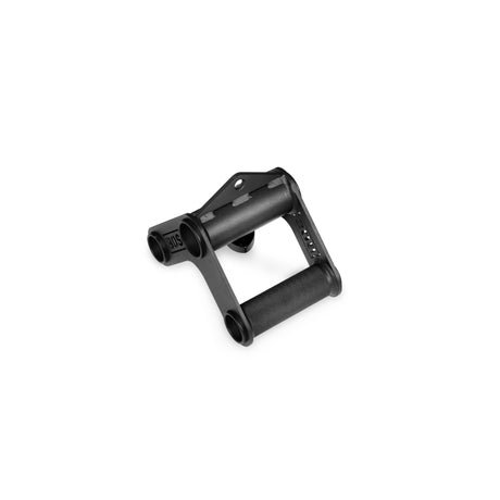 The Bells of Steel Fat Bar - T-Bar Row Cable Attachment is a black metal handle with two cylindrical grips and a triangular frame, featuring holes for secure connection, designed to boost grip strength on gym machines.