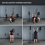 Four images show two people using the Bells of Steel Multi-Purpose Olympic Barbell – The Utility Bar on a rack for squats, bench press, bent-over row, and overhead press. Text above reads, "Can be used for multiple exercises.