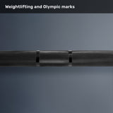 Close-up of the Bells of Steel Multi-Purpose Olympic Barbell – The Utility Bar, highlighting its knurled grip and clear Olympic and weightlifting markings on a gradient gray background.