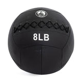 The black 8-pound Triple Stitched Medicine Ball by Bells of Steel features a durable Kevlar outer shell, a visible logo on top, and distinct cross-pattern stitching.