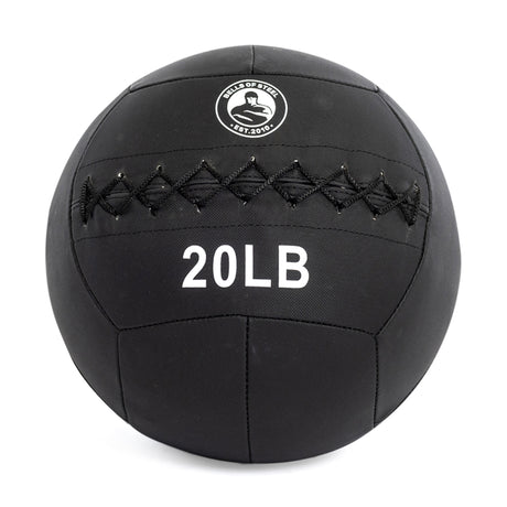 The Bells of Steel Triple Stitched Medicine Ball is black with a top logo and "20 LB" marking, featuring reinforced zigzag stitching and a durable Kevlar outer shell, perfect for your workout needs.