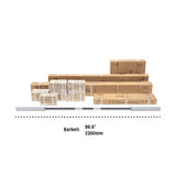 A stack of boxed packages is arranged behind the Bells of Steel Lat Pulldown Low Row Machine, showcasing versatile home gym equipment positioned horizontally in front, with its length labeled below.