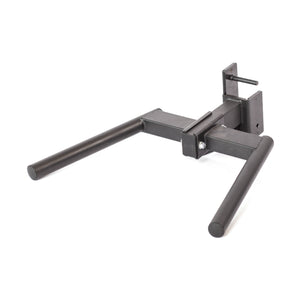The Bells of Steel Y Dip Bar Rack Attachment is a sturdy black metal accessory with parallel handles, designed for squat racks and ideal for bodyweight exercises like dips.