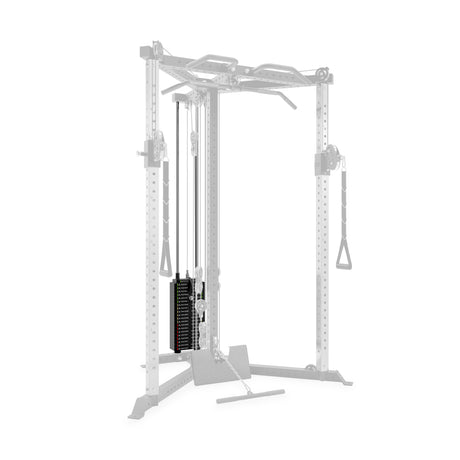 The Bells of Steel All-in-One Trainer is a functional trainer with a cable pulley system, adjustable weights, dual handles, and multiple attachment points—ideal for any home gym and displayed on a white background.