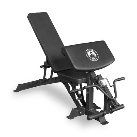 The Bells of Steel Buzz-Saw Heavy-Duty Adjustable Bench features a padded seat, backrest, preacher curl pad with arm curl attachment, sturdy metal frame, and adjustment levers for strength training. Max capacity: 1000lb.