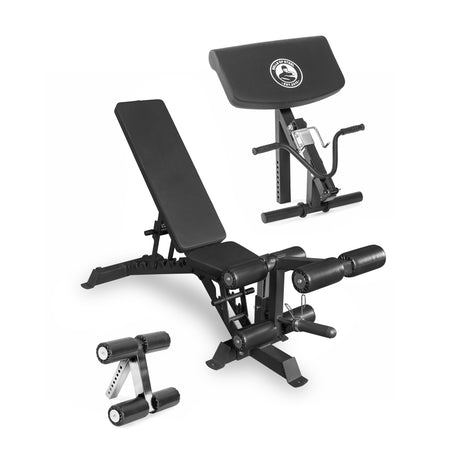 The Bells of Steel Buzz-Saw Heavy-Duty Adjustable Bench in black features a padded seat, preacher curl attachment with arm pad and handles, a compact leg developer, and supports up to 1000lb—all shown on a white background.
