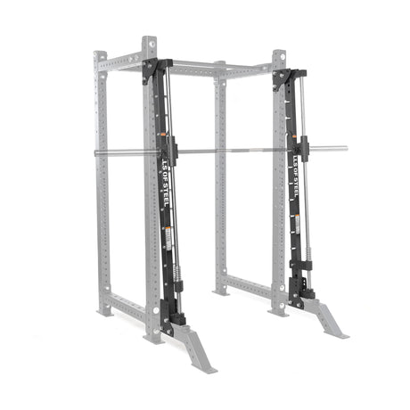 The Bells of Steel Smith Machine Rack Attachment, in silver and black, is mounted on a gray power rack frame. Its barbell glides smoothly along vertical guide rails for safe, controlled lifting within the Smith machine structure.