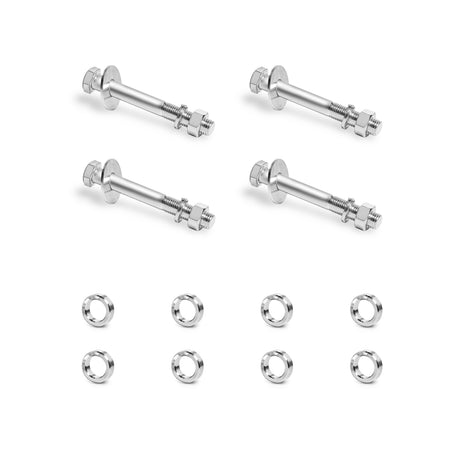 Four sets of Hydra Hardware stainless steel bolts with nuts by Bells of Steel, perfect as concrete anchor bolts, are arranged in two rows above eight washers, all neatly spaced on a white background.