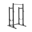 The Bells of Steel Hydra Half Rack - Prebuilt (3" x 3", ⅝" Holes) is a black metal weightlifting rack with adjustable safety straps and multiple barbell height options, perfect for strength training in your home gym.