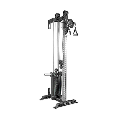 The Bells of Steel Oblivyon Tower - 3" x 3” Cable Tower is a freestanding cable machine with a weight stack, adjustable height, and handle attachments for strength training and resistance exercises.