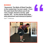 A man lifts a loaded Bells of Steel Open Trap Bar in a gym. Above, a customer review praises the trap bar, highlighted by purple quotation marks and orange user icons. Gym equipment and a door are seen in the background.