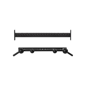 Two black metal Coloured Globe Pull up Bars by Bells of Steel—one with evenly spaced holes, the other with four round knobs and angled supports—are displayed against a white background.