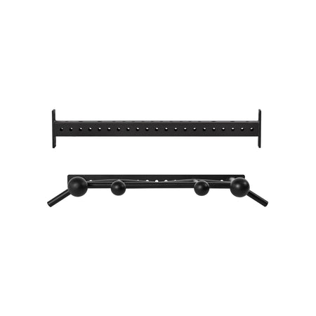 Two black metal Coloured Globe Pull up Bars by Bells of Steel—one with evenly spaced holes, the other with four round knobs and angled supports—are displayed against a white background.