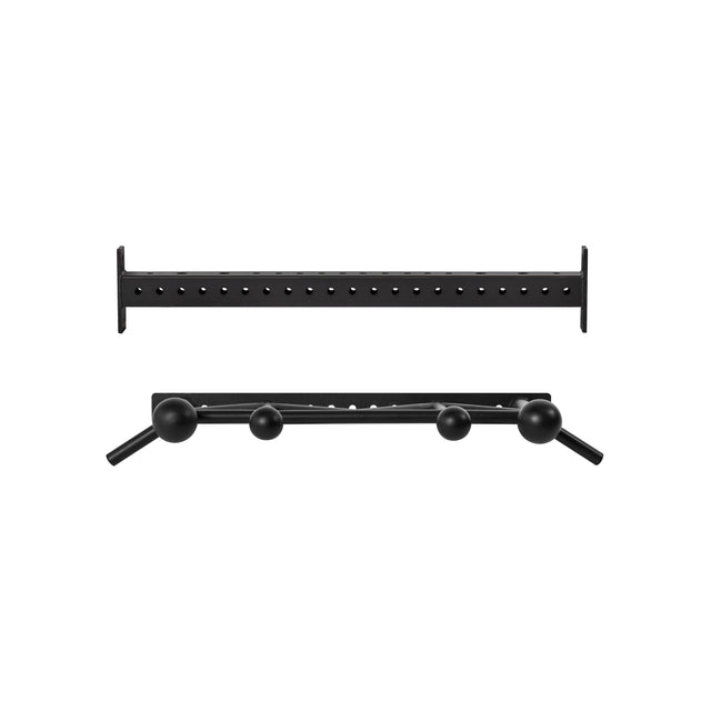 The Bells of Steel Coloured Globe Pull Up Bar set features two black metal attachments: a straight bar with multiple holes and an angled bar with three round grips and handle extensions, displayed on a white background.