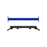 Two Coloured Globe Pull Up Bars by Bells of Steel—one blue with multiple holes (top view) and one black with angled ends and four round grips (side view)—are isolated on a white background.