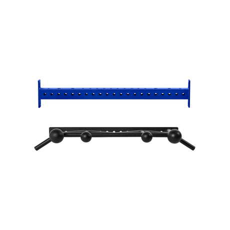 Two Coloured Globe Pull Up Bars by Bells of Steel—one blue with multiple holes (top view) and one black with angled ends and four round grips (side view)—are isolated on a white background.