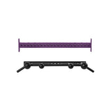 The Bells of Steel Coloured Globe Pull up Bar, a purple metal bar with evenly spaced holes, is shown next to a black pull-up attachment with spherical grips and angled ends, both isolated on a white background.